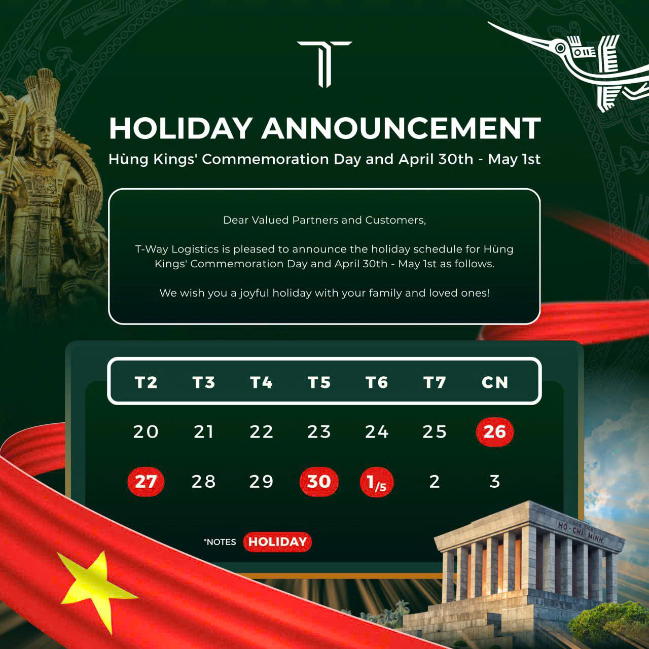 HUNG KINGS COMMEMORATION & REUNIFICATION DAY - SCHEDULE NOTICE